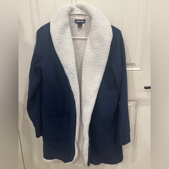 Lands' End Blue Small and White Teddy Jacket with Plush Sherpa Lining - Picture 1 of 9